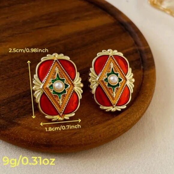 NEW Amelia Art Deco Copper Orange Enamel 18K Gold Plated Earrings - Picture 4 of 4